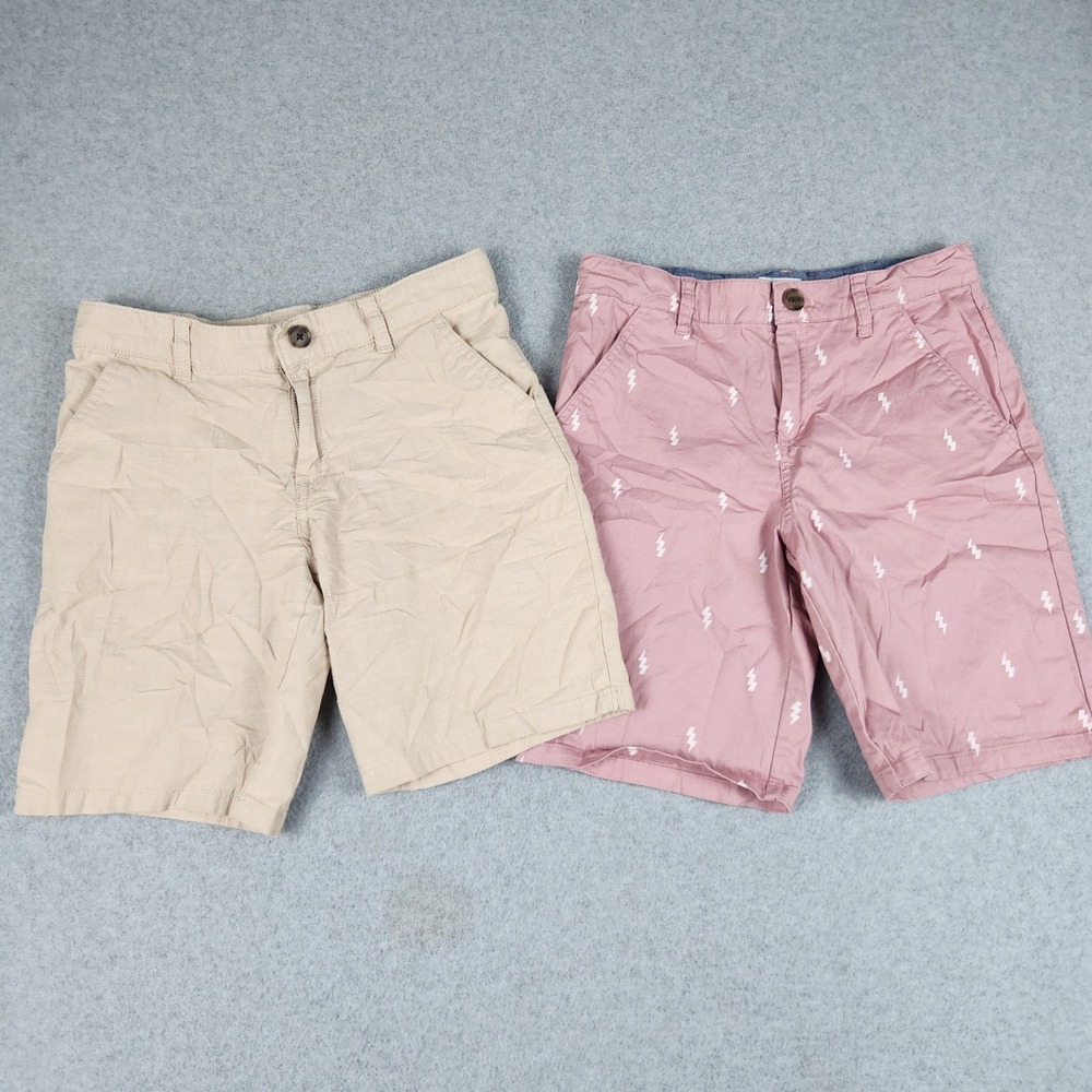 Cat & Jack Chino Shorts Boys 12 Beige Pink‎ Lightning Bolt Flat Front Lot of 2